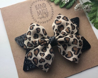 Leopard Heart Hair Bow , Glitter Hair Accessories for Girls , 4” Hair Clip