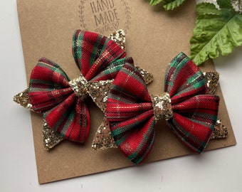 3” Christmas Pigtail Hair Bows , Red Green Gold Christmas Plaid Hair Clips ,Hair bows for Girls , Christmas  Bows , Holiday Hair Bows
