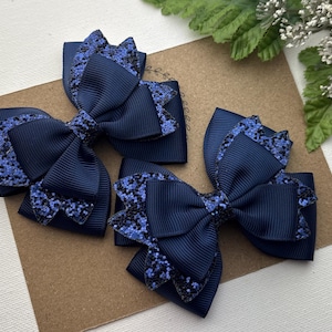Navy Pigtail Hair Bows , Navy Blue Hair Bows , Navy Bows for Girls , Glitter Bows , Dark Blue Hair Clips