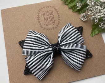 Black and White Striped Hair Bow ,  White and Black Hair Bow , Striped Glitter 4 Inch Bow for Girls ,  Glitter Hair Bow