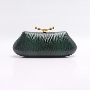 Dark Green Faux Snakeskin PU Leather Covered Clutch Bag Gold Clasp Evening Purse Wedding Guest Party Bag