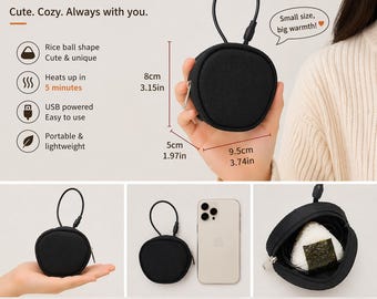 USB Heated Onigiri Pouch Portable Hand Warmer Bag Fast Warm Up in 5 Minutes Mini Winter Travel Gift Black