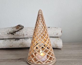 Woven Pine Tree Tealight Holder | 3D Printed Wood Tone Flameless Candle Decor