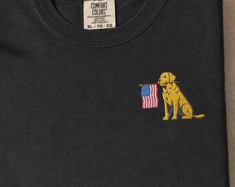 Embroidered Yellow Labrador Dog T-Shirt with USA Flag - Comfort Colors