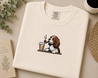 Embroidered Cavalier Spaniel T-Shirt - Dog at the Bar Comfort Colors