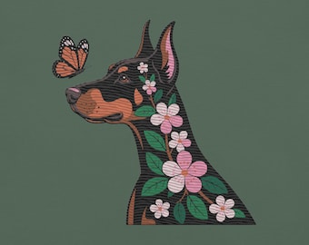 Embroidered Doberman & Butterfly Floral Design on Comfort Colors T-Shirt