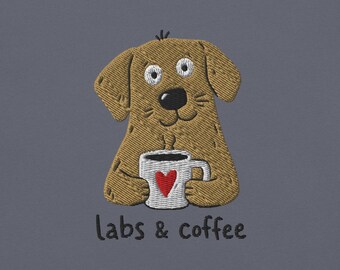 Embroidered Labrador Dog & Coffee T-Shirt | Comfort Colors Design