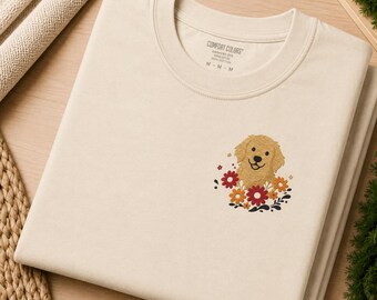 Embroidered Golden Retriever Floral Tee - Comfort Colors Top