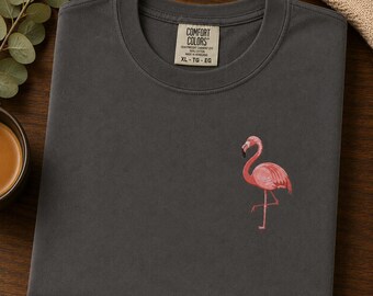 Embroidered Flamingo Comfort Colors T-Shirt | Garment-Dyed Cotton Summer Tee