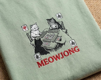 Mahjong Cats Meowjong Embroidered T-Shirt | Comfort Colors Tee