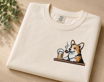 Embroidered Corgi Dog with Beer at the Bar | Comfort Colors T-Shirt