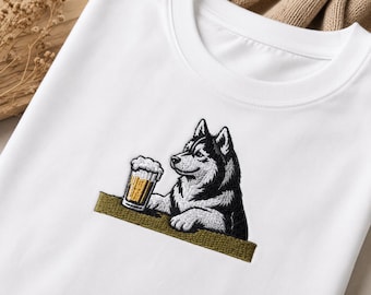Embroidered Siberian Husky Dog T-Shirt with Beer at the Bar