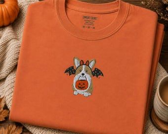 Embroidered Corgi Dog Halloween T-Shirt | Comfort Colors Design