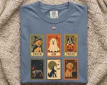 Halloween Dogs Stamp Grid T-Shirt | Trick or Treat Puppy Illustration