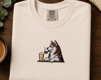 Embroidered Siberian Husky T-Shirt - Brown Dog with Beer at the Bar - Comfort Colors