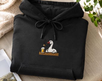 Embroidered Goose with Beer Hoodie | Minimalist Swan Illustration, Warm Fleece pullover