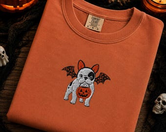 Embroidered French Bulldog Halloween T-Shirt | Comfort Colors Design