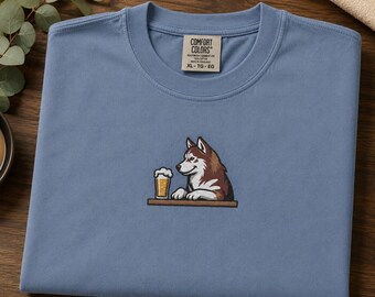 Embroidered Siberian Husky T-Shirt - Brown Dog with Beer at the Bar - Comfort Colors