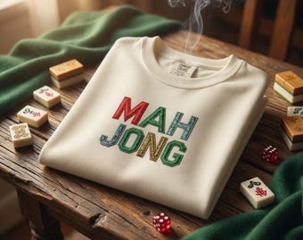 Mahjong besticktes T-Shirt | Mahjong Fliesen im Stichdesign