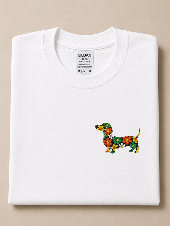 Embroidered Floral Dachshund Tee | Small Chest Dog Design, White T-Shirt