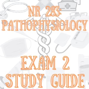 Könnte beinhalten: Weißer Hintergrund mit medizinischen Illustrationen und orangefarbenem Text. Der Text lautet "NR 283: Pathophysiologie Prüfung 2 Studienführer". Medizinische Werkzeuge umfassen ein Stethoskop, Bandagen und eine Krankenschwestermütze.