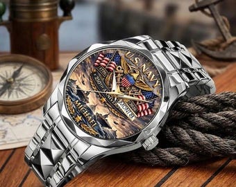 Personalized US Navy Watch, Gold Stainless Steel, Custom Name Engraved, Military Gift