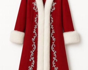 May include: A long, red coat with white faux fur trim on the collar, cuffs, and front edges. The coat features ornate silver embroidery down the front. The text "Beauty HubSpcial" is at the top.