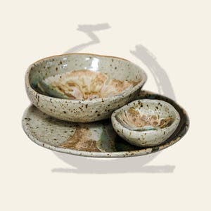 Puede incluir: Un juego de cerámica compuesto por un cuenco grande moteado, un cuenco pequeño moteado y un plato redondo. Cada pieza presenta una base de color beige claro con motas de color marrón oscuro y un patrón floral central en tonos marrón, tostado y verde.