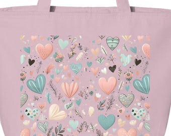 Pastel Hearts Q-Tees 25L Zippered Tote Bag, Floral Print Gift, Valentine’s Day Shopping