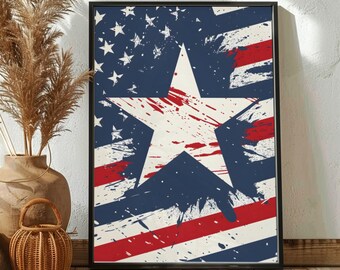 Patriotic Star Wall Art - Retro Red White Blue Design