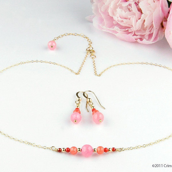 Gold Filled Pink Jade "Candy Apple" Necklace / Earring Set