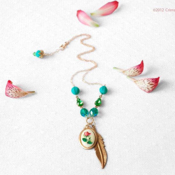 Turquoise,Green, Charm Necklace  "Feather Rose"