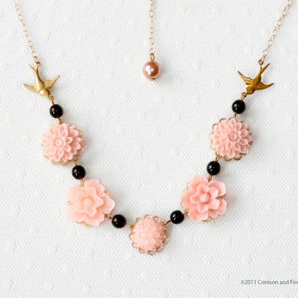 Cabochon Flower Necklace, Peach Pink  "Blushing Beauties"