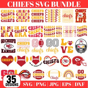 Paquete de archivos SVG de los Chiefs, archivos Cricut, sublimación, SVG para camisetas de los Chiefs para el día del partido, diseños para aficionados al fútbol americano, vector Silhouette, paquete PNG para la familia del fútbol americano