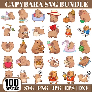 May include: A digital collection of 100 Capybara SVG designs featuring various cartoon capybaras engaged in activities like reading, playing soccer, eating snacks, and wearing hats. The text CAPYBARA SVG BUNDLE and 100 DESIGNS SVG PNG JPG EPS DXF is visible.