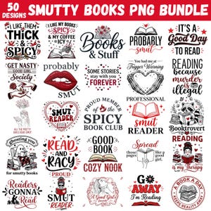 Peut inclure: Un lot numérique de 50 designs graphiques présentant des illustrations sur le thème des livres et une typographie en rouge, noir et blanc. La collection inclut des phrases comme I Like Them Thick & Spicy, Smut Reader et Reading Is My Therapy.