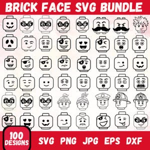 May include: A digital collection titled BRICK FACE SVG BUNDLE featuring 100 black and white line art illustrations of toy brick character heads. The designs display various facial expressions, eye patches, masks, mustaches, and headgear.