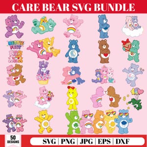 Puede incluir: Una colección digital de ilustraciones de Care Bears que presenta varios osos coloridos en diferentes poses, actividades y agrupaciones. El conjunto gráfico incluye osos individuales y parejas, algunos sosteniendo objetos como regalos, cupcakes o globos, todo sobre un fondo rosa claro con el texto CARE BEAR SVG BUNDLE en la parte superior.