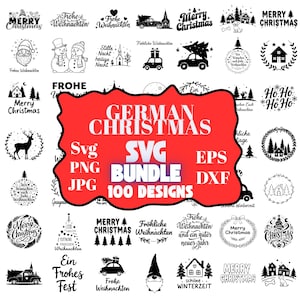 Puede incluir: Una colección de diseños SVG navideños en blanco y negro. Los diseños incluyen texto como "Merry Christmas" y "Frohe Weihnachten", junto con imágenes de árboles, casas y adornos. También está presente el texto "German Christmas SVG Bundle 100 Designs".