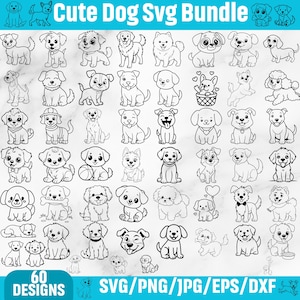 Könnte beinhalten: Eine Sammlung von 60 niedlichen Hunde-Designs in den Formaten SVG, PNG, JPG, EPS und DXF. Das Bild zeigt verschiedene schwarz-weiße Cartoon-Hunde-Illustrationen. Der Text enthält "Cute Dog Svg Bundle" und "60 Designs".