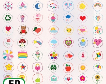 ケアベアのベリーバッジSVGバンドル、かわいい漫画レインボーベアのクリップアート、Cricutシルエット用のかわいいベアカットファイル、パーティーデコレーション用カットアウトPNG