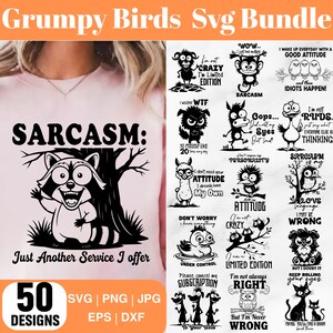 May include: A digital SVG bundle titled "Grumpy Birds" featuring 50 designs. The designs include sarcastic quotes and illustrations of various animals, such as a raccoon, birds, and cats. Formats include SVG, PNG, JPG, EPS, and DXF.