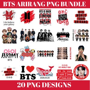 May include: A digital bundle of 20 BTS Arirang PNG designs featuring various graphic illustrations, including cartoon characters, band member portraits, logos, text elements like BTS World Tour Arirang, and stylized whale motifs in red, black, and white.