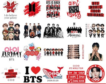 May include: A digital bundle of 20 BTS Arirang PNG designs featuring various graphic illustrations, including cartoon characters, band member portraits, logos, text elements like BTS World Tour Arirang, and stylized whale motifs in red, black, and white.