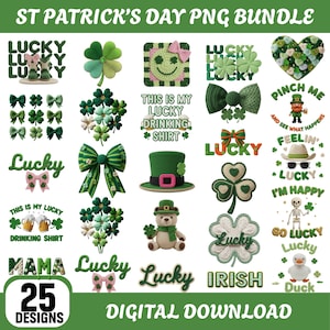 Op de afbeelding: Een digitale download grafische bundel met 25 ontwerpen voor St. Patrick's Day. De ontwerpen omvatten klavers, strikken, hoeden en tekst zoals "Lucky", "Irish" en "Pinch Me". Het kleurenpalet is voornamelijk groen, wit en roze.