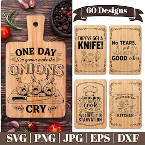 May include: Bamboo cutting boards with humorous kitchen-themed designs. One board features the text "ONE DAY I'm gonna make the ONIONS CRY" with crying onion illustrations. Other boards have phrases like "They've got a knife!" and "No tears, just good vibes."