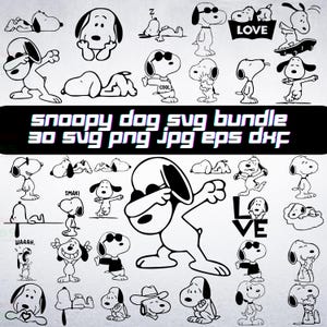 May include: A selection of black and white Snoopy illustrations in different poses, such as Snoopy wearing sunglasses, sleeping, and dabbing. The image includes the text "Snoopy Dog SVG Bundle".