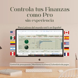 Op de afbeelding: Een computerscherm toont een financieel spreadsheet met cirkeldiagrammen en gegevens. De tekst "Controla tus Finanzas como Pro sin experiencia" en "Para Latinos del mundo 100% en Español" is zichtbaar. Vlaggen van verschillende landen worden weergegeven.