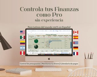May include: A desktop computer displays a financial spreadsheet with pie charts and data. The screen shows the text "Controla tus Finanzas como Pro sin experiencia" and "Para Latinos del mundo 100% en Español". Flags of various countries are displayed.