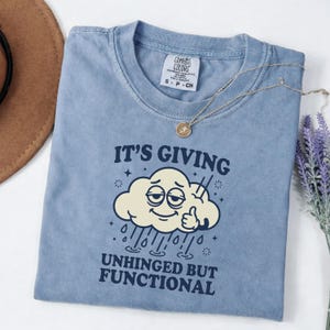 Könnte beinhalten: Hellblaues Comfort Colors T-Shirt mit dem Text "IT'S GIVING UNHINGED BUT FUNCTIONAL" und einer Cartoon-Wolke. Größe S-P-CH. Eine goldene Halskette und ein brauner Hut sind ebenfalls zu sehen.
